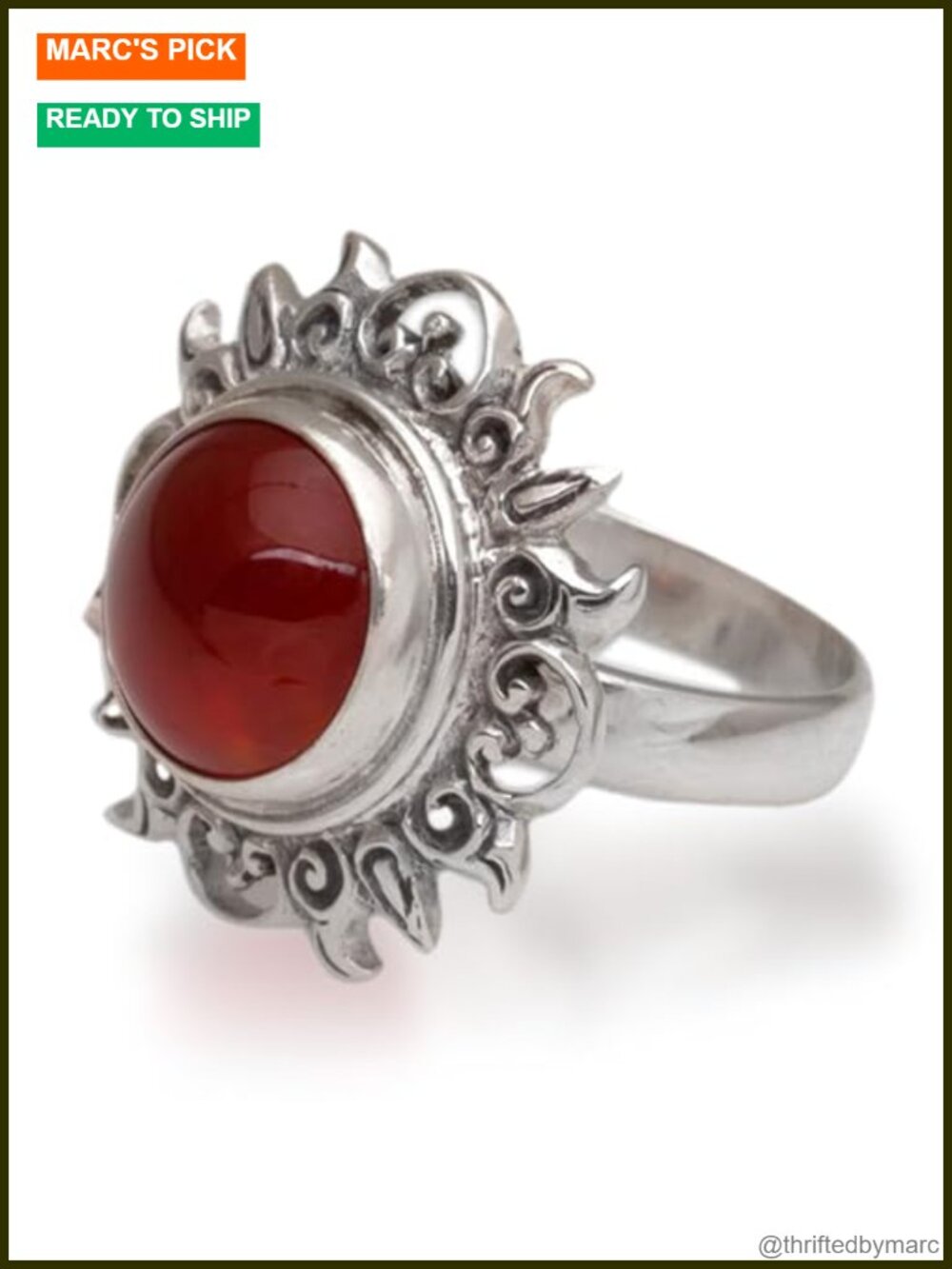Sterling Silver Carnelian Cocktail Ring Size 7 Artisan Handmade Sun Statement